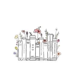 an illustration of books with flowers on them