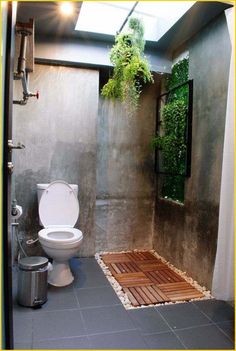 a bathroom with a toilet, shower and plants on the wall in it's stall