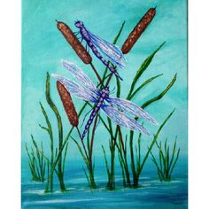 an acrylic painting of dragonflies in the water