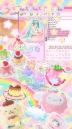 an image of some food and stickers on a table with pastel rainbow colors