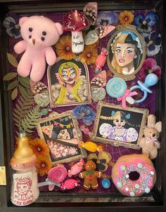 an assortment of stuffed animals and other items in a shadow box with flowers on it