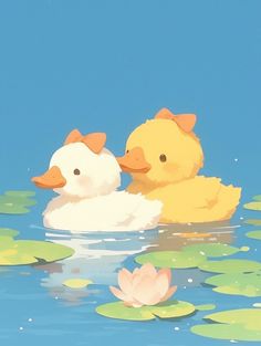 two ducks are swimming in the water with lily pads