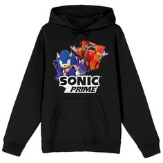 Celebrate your favorite animated series in style with this Sonic Prime sweatshirt. The hoodie features an image of Sonic and Dr. Eggman while a white "vs" appears between the characters. Black letters below the image spell out the series logo. The sweatshirt comes in black and is equipped with an adjustable hood and a large pouch pocket. Sonic Prime fans will love this comfy and cozy hoodie. Sonic Prime Sonic, Sonic Merch, Dr Eggman, Sonic Prime, Large Pouch, Cozy Hoodie, Long Hoodie, Casual Pullover, Graphic Hoodie