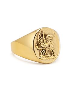 Ring in Stainless Steel with Gold Plating Product Code: MRING_140 Designer's Notes The crest ring is a traditional ring design that is a must for every gentleman. The beautifully hand-crafted crest in our ring features a lion. The lion is a common charge in heraldry. It traditionally symbolizes courage, nobility, royalty, strength. Please note that all our pieces are crafted by hand and one-of-a-kind, and may therefore vary slightly in size, shape, and color. Luxury Wedding Engraved Intaglio Ring, Lion Crest, Ring Men, Stainless Steel Polish, Gold Signet Ring, Linking Rings, Engraved Logo, Signet Ring, Gold Plating