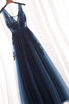 A Line V Neck Sleeveless Appliques Prom with Beads Floor Length Tulle Evening Dress - Prom Dresses Blue Lace Prom Dress, Navy Blue Prom Dresses, Dresses Luxury, Tulle Evening Dress, Lace Prom Dress, Formal Dresses Gowns, Bridesmaid Dresses Prom, Cute Prom Dresses, Long Prom Dresses