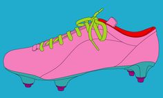 a pink shoe with green laces on the top and bottom, against a blue background