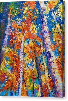 an oil painting of colorful trees in the woods