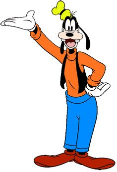 an image of goofy duck pointing to the right with his arms out and hands in the air