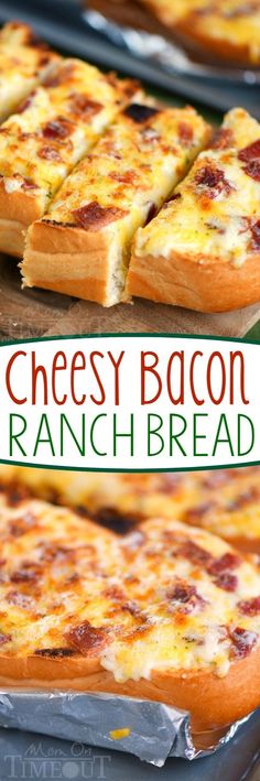 cheesy bacon ranch bread on a baking sheet with the title overlay reading cheesy bacon ranch bread