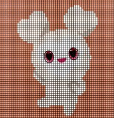 a cross stitch teddy bear with big eyes on a brown background that is made up of squares