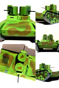 four different views of a green tank with camouflage paint on the top and bottom half