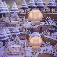 an image of a winter scene with snow covered trees and buildings in the background, including a small igloo