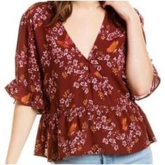 Madewell Burgundy Red Multicolor Floral Butterfly Print Wrap Front Top, Size 8 Butterfly & Floral Print Top Base Color Is Burgundy Red With Floral & Butterfly Print In Yellow, Pink & White. Wrap Front Has Snap Button At V-Neck & Fabric Button At Waist Closes With Loop. Mid Length Sleeves With Ruffled Ends That Tie Into A Bow & Creates A Peekaboo Effect Peplum Style Ruffle Hemline Boho 100% Viscose New With Tags. Stock Photos May Vary From Actual Item. Approximate Measurements: Length: 22” Chest: Butterfly Colorful, Wrap Front Top, Madewell Shirts, Top Base, Off Shoulder Shirt, Mid Length Sleeves, Popover Shirt, Front Tie Shirt, Floral Butterfly