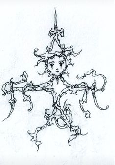 a drawing of a cross made out of vines and leaves with a woman's face in the center