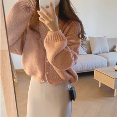 Autumn Long Sleeve V-Neck Solid Single Breasted Knitted Cardigan apricot-One Size Feminine Beige Long Sleeve Cardigan, Elegant Pink Winter Cardigan, Elegant Pink Knit Outerwear, Feminine Knitted Winter Cardigan, Elegant Pink Knitted Sweater, Feminine Pink V-neck Outerwear, Feminine Pink V-neck Cardigan, Feminine Pink V-neck Sweater, Feminine Pink Knit Cardigan