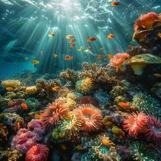 an underwater view of corals and fish in the ocean with sunlight streaming through them