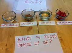 a table with three bowls and two signs on it that say what is blood?