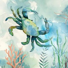 a watercolor painting of a blue crab in the ocean with corals and seaweed