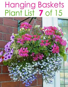 a hanging basket filled with purple, white and pink flowers next to a brick wall