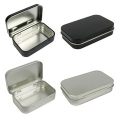 four different types of tins on a white background with one opened and the other closed