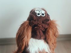 a brown and white dog wearing a knitted hat with eyes on it's head