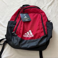 Adidas Backpack Defender Backpack Nwt Color: Red And Black 4 Zippered Pockets, 2 Open Pockets On The Side Padded Shoulder Straps Adidas Duffle Bag, Adidas Backpack, Adidas Bags, Fanny Bag, Faux Leather Backpack, Travel Handbags, Black Puffer, Red Adidas, Large Backpack