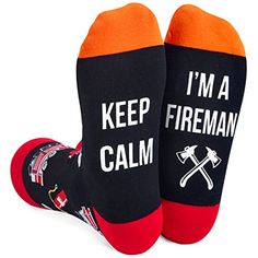 Fireman SocksThe funny saying on the bottom reads "KEEP CALM I'M A FIREMAN." The red firefighting tools stand out against the dark blue background. Wearing these fire socks also serves as a constant reminder of fire safety.Size & PackageOur unisex design fits most men's US size 6-13 feet and most women's US size 7 and up. Each pair of funny socks comes in a plastic zippered bag.Quality MaterialOur novelty socks are made of 80% Cotton, 15% Polyamide, and 5% Elastane to ensure they are soft, comfo Firefighter Graduation, Nurse Socks, Firefighter Tools, Mens Novelty Socks, Firemen Gifts, Fire Gifts, Black Desktop, Dumpster Fire, Zippered Bag