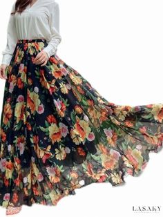 Lasaky - Floral Print Midi Maxi Skirt: High-Waisted A-line Design with Chiffon Fabric - Perfect for Beach and Casual Wear Non-stretch Maxi Skirt For Spring, Floral Print Chiffon Skirt, Flowy A-line Summer Bottoms, Flowy Casual Maxi Skirt For Party, Non-stretch Multicolor Floral Print Skirt, Casual Flowy Maxi Skirt For Party, Elegant Full Skirt Bottoms For Vacation, Elegant Full Skirt For Vacation, Floral Print Chiffon Skirted Bottoms