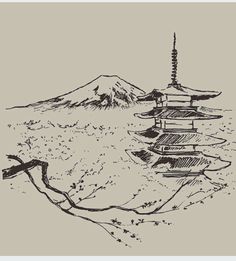 an ink drawing of a pagoda on top of a mountain in the middle of nowhere