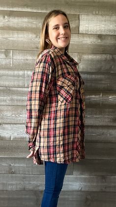 also available in a red plaid that is perfect for your festive winter wardrobe! a khaki colored plaid button down flannel shirt that is a versatile piece to add to your fall wardrobe. it's a long tunic length so it will pair perfectly with leggings, offering plenty of coverage. it can also be styled as a layer over a thinner top and jeans left unbuttoned in jacket mode. or add a belt to cinch up the waist. wear it to a fall festival, football game or even in your family's fall photos! you can't Fall Flannel Shirt With Button Closure, Brown Button-up Flannel Shirt For Fall, Brown Relaxed Fit Flannel Shirt For Fall, Plaid Flannel Shirt For Fall With Button Closure, Brown Flannel Shirt With Relaxed Fit For Fall, Oversized Fall Flannel Shirt, Plaid Relaxed Fit Flannel Shirt For Fall, Relaxed Fit Plaid Flannel Shirt For Fall, Fall Button-up Flannel Shirt