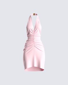 Pretty in pink 🎀 Perfect for all occasions, this pink ruched dress is constructed from a crepe fabric and complete with a gold clasp closure at back neck, a plunge V neckline, draped sides, and an open back that creates a look that's both a subtle and sexy 💖 Pink Ruched Dress, White Corset Dress, Future Of Fashion, Welcome To The Future, No Waste, Fashion Attire, Glam Dresses, Hoco Dresses, Barbie Dress