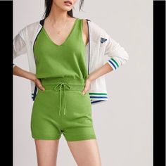 Anthropologie Lounge Romper- Green Sizes Small, Medium, And Large- Nwt Cotton And Polyester Drawstring Waist V Neck Hand Wash 34” Length 2.5” Inseam 10.75” Leg Opening Casual Green V-neck Knit Top, Green V-neck Knit Top For Summer, Anthropologie Kimono, Anthropologie Mugs, Sequence Top, Lounge Romper, Chambray Romper, Crystal Hair Clips, Subtle Luxury