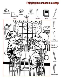 an ice cream shop coloring page with the words, enjoy ice cream in a shop