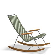 a green rocking chair with wooden slats