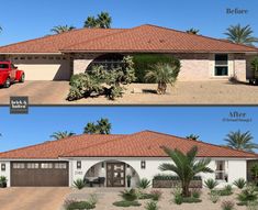 before and after photos of a house with red truck parked in the driveway next to it