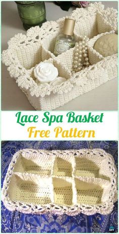 lace spa basket free crochet pattern with instructions to make it in the shape of a soap dish