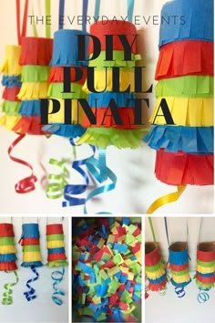 colorful pinatas and streamers hanging from the ceiling with text overlay that reads diy pull pinata