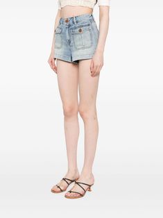 ZIMMERMANN Denim Mini Shorts - Farfetch High Rise Bottoms With Patch Pockets For Summer, High-waisted Denim Shorts With Patch Pockets, High Rise Shorts With Patch Pockets For Spring, High Waist Denim Shorts With Patch Pockets, Spring Mid-rise Jean Shorts With Patch Pockets, Summer High-rise Jean Shorts With Patch Pockets, Summer High Rise Jean Shorts With Patch Pockets, Mid-rise Summer Shorts With Patch Pockets, Mid-rise Shorts With Patch Pockets For Summer