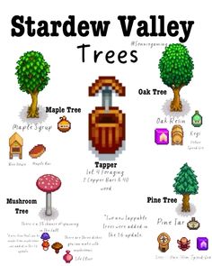 the stardew valley trees are shown in pixel art and have different types of trees