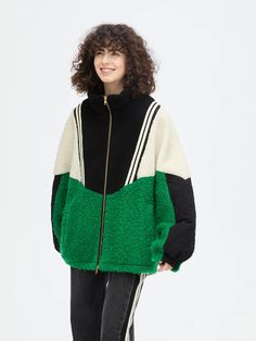 Campus Colorblock Jacket – Urlazh New York Sporty Long Sleeve Wool Outerwear, Green Color Block Outerwear For Fall, Trendy Winter Outerwear With Contrast Color, Trendy Winter Track Jacket With Zipper, Sporty Wool Outerwear For Fall, Green Color Block Track Jacket For Winter, Trendy Green Outerwear With Contrast Color, Sporty Wool Outerwear For Winter, Winter Color Block Outerwear For Cold Weather