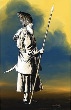 a painting of a man holding a stick and wearing a long white coat with an animal on it's back