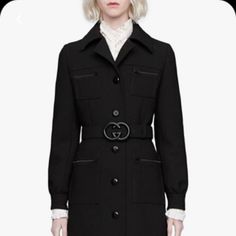 New With Tags Gucci Black Caban Wool Natte Coat And Gg Belt. Has Silky Protective Bag For Belt And Original Gucci Hanger Included Size 36 (A U.S. Woman’s Xs 0 2) Authentic Solid Black Button Front Closure 4 Pockets. 2 Breast Pocket That Zip Closed As Well As Two Larger Lower Pockets With Zippers As Well. A Throwback Design To Honor Gucci’s More Vintage Designs Complimentary Authentication Through Poshmark Included For Purchases Over $500. So You Can Rest Assured You’re Getting Only The Most Top Gucci Luxury Outerwear With Button Cuffs, Elegant Black Gucci Blazer, Winter Gucci Blazer With Buttons, Tailored Gucci Blazer With Buttons, Gucci Winter Blazer With Buttons, Gucci Fitted Double Button Blazer, Gucci Elegant Blazer With Double Button Closure, Gucci Fitted Blazer With Double Button Closure, Chic Gucci Single Breasted Blazer