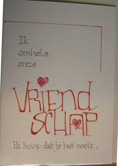 a card with the words friend ship written in red ink on white paper and an orange heart