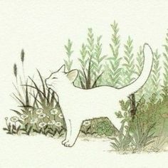 a drawing of a cat standing in the grass near some bushes and flowers, with one paw on its head