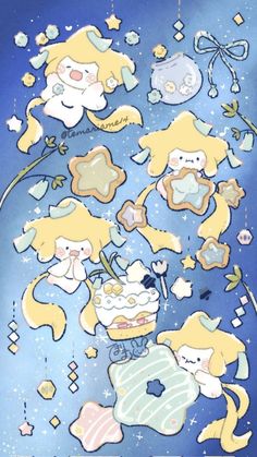 an image of some cartoon characters on a blue and white background with stars, clouds, and other objects