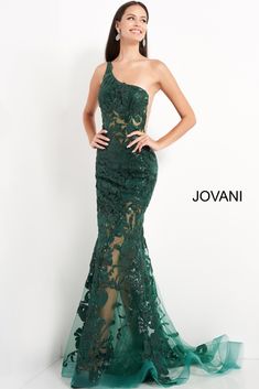 Jovani 02895 is a long fitted one shoulder formal evening gown. Featuring a sheer fitted bodice and skirt. Sequin embellished lace appliques. Mermaid silhouette. sheer side panels with mesh insert. sweeping train with horse hair trim. Great Prom & Pageant Dress.  Available Sizes: 00,0,2,4,6,8,10,12,14,16,18,20,22,24  Available Colors: black, forest, light-blue, red, rose/gold, royal, w Prom Mermaid, Pageant Gown, Jovani Prom, Lace Prom Dress, Jovani Dresses, Unique Prom Dresses, Evening Gowns Elegant, Pageant Gowns, Evening Dresses For Weddings