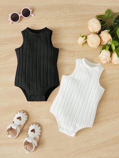 Baby Girl Casual Comfortable Sleeveless Solid Color Bodysuit Set, 2pcs Black and White   Sleeveless Cotton Plain Tank Slight Stretch  Baby Girls Clothing, size features are:Bust: ,Length: ,Sleeve Length: Black And White Plain, Aesthetic Galaxy, Girl Onesies, White Sleeveless, Kids Beachwear, Casual Girl, White Collar, Girls Clothing