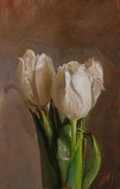 a painting of white tulips in a vase