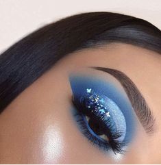 Light Blue Prom Makeup, Blue Prom Makeup, Blue Glitter Makeup, Sweet 16 Makeup, Blue Eyeshadow Makeup, Light Blue Prom, Ball Makeup, Blue Makeup Looks