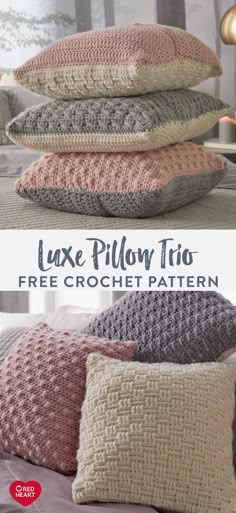 three pillows with crochet patterns on them and the text, faux pillow trio free crochet pattern